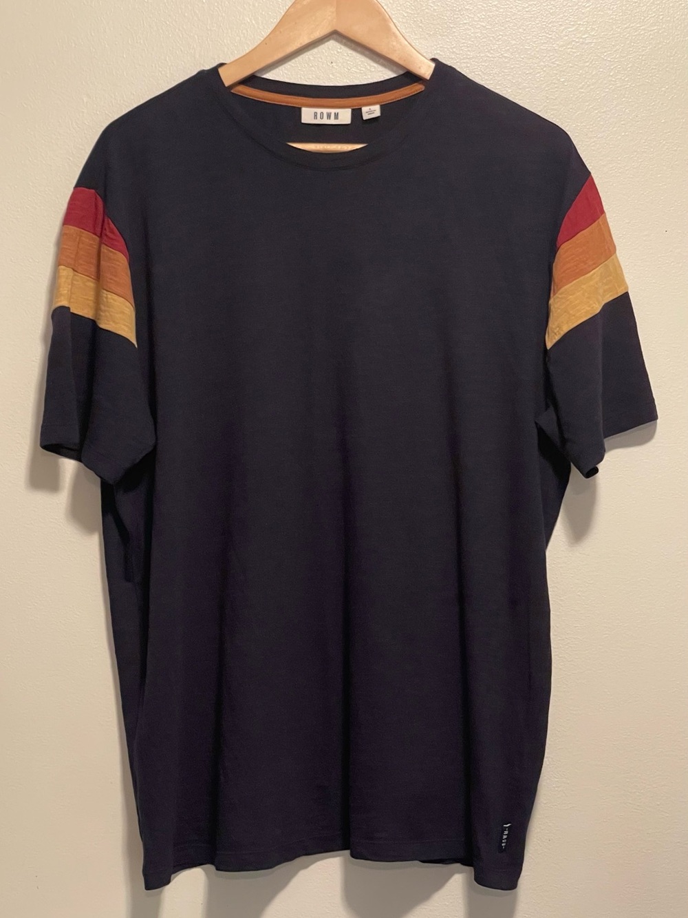 ROWM Navy Short-Sleeve Crewneck T-Shirt with Maroon and Mustard Shoulder Stripes